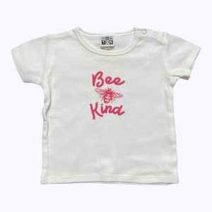 T-shirt bébé manches courtes blanc dessin abeille rose patte de boutonnage épaule. Seconde main.