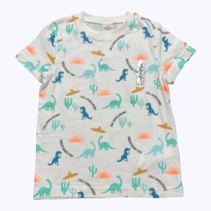 T-shirt enfant manches courtes crème dessins dinosaures soleil cactus colorés. Seconde main.