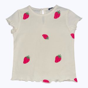 T-shirt bébé manches courtes crème motifs fraises bouton au dos. Seconde main.