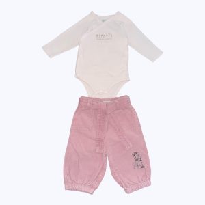 Ensemble bébé pantalon velours fines côte vieux rose et body rose pâle cache cœur manches longues. Seconde main.