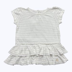 Robe bébé manches courtes rayée blanc dorée, volants au bas bouton au dos. Seconde main.