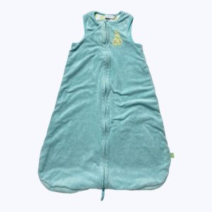 Gigoteuse bébé éponge doublée bleu turquoise zip central broderie poire anis devant. Seconde main.