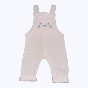 Salopette bébé maille rayée blanc rose pâle broderie animal devant ouverture centrale dos. Seconde main.