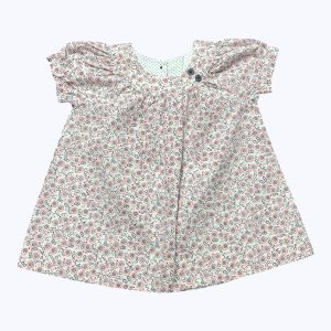 Robe bébé manches courtes ballon motifs corail marine et gris, ouverture centrale dos. Seconde main.