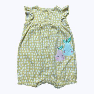 Barboteuse bébé manches courtes volantées jaune blond à pois blanc. Seconde main.