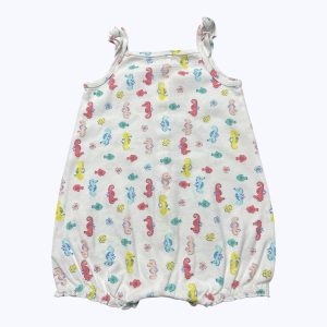 Barboteuse bébé bretelles blanc motifs hippocampes et poissons multicolore. Seconde main.