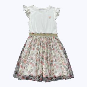 Robe enfant manches courtes volantées en maille crème ceinture élastique dorée à la taille dotée d'un jupon en tulle imprimé floral. Seconde main.