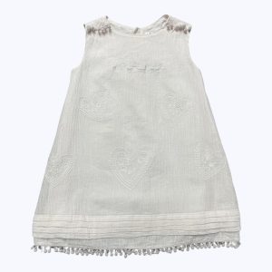 Robe bébé débardeur blanc rosé entièrement doublée, brodée cœurs petits pompons. Seconde main.