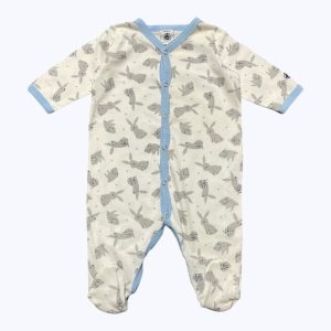 Pyjama bébé 3 mois 60 cm blanc avec motifs lapins gris, manches longues et boutons-pression. Petit Bateau, d'occasion