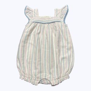 Barboteuse d’été rayée Baby GAP pour bébé fille, modèle 3-6 mois, avec volants aux épaules et rayures pastel. Seconde main