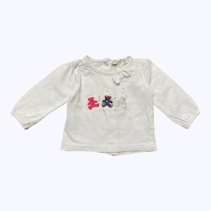 T-shirt bébé manches longues blanc sérigraphie petits oursons, nœud décoratif fronces aux poignets. Seconde main.