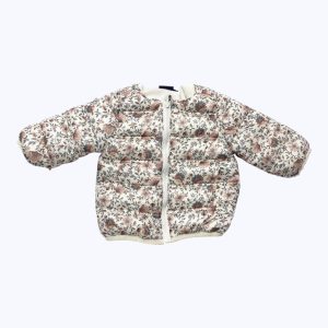 Doudoune bébé crème motifs floral beige vert, zip central devant. Seconde main.