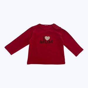 T-shirt bébé manches longues rouge message devant patte de boutonnage épaule. Seconde main.