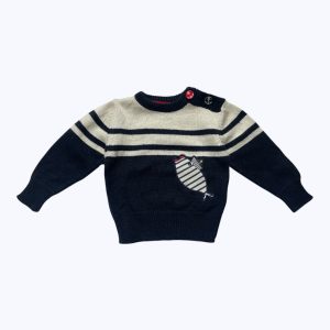 Pull bébé manches longues bleu marin blanc poisson brodé patte de boutonnage à l'épaule. Seconde main.
