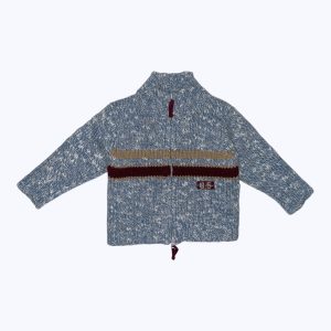 Gilet bébé tricot manches longues bleu chiné blanc deux bandes blanche et bordeaux, zip devant. Seconde main.