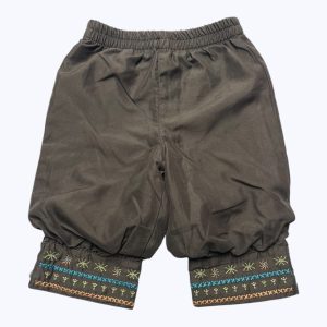 Pantalon bébé chocolat bouffant au bas, élastiqué à la taille patte de boutonnage au bas avec des broderies crème turquoise orange. Seconde main.
