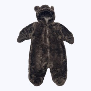 Combinaison pilote bébé marron avec des moufles intégrés, zip central capuche nounours effet peluche. Seconde main.