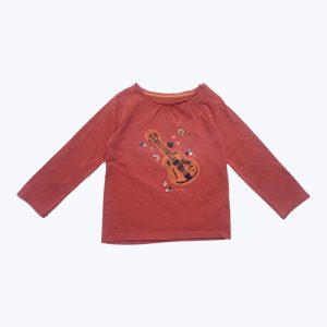 T-shirt bébé manches longues corail broderie guitare orange marine, fronces à l'encolure. Seconde main.
