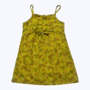 Robe enfant bretelles vert anis motifs floral crème kaki rose, cordon à la taille zip au dos. Seconde main.