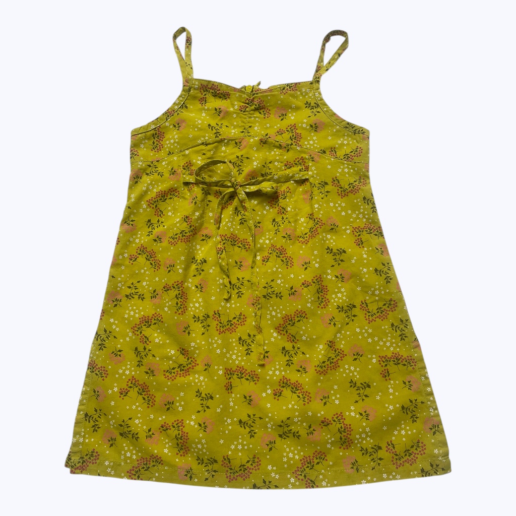 Robe enfant bretelles vert anis motifs floral crème kaki rose, cordon à la taille zip au dos. Seconde main.