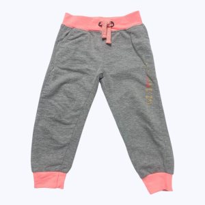 Jogging enfant maille gris clair taille élastique, ceinture et chevilles orange fluo. Seconde main.