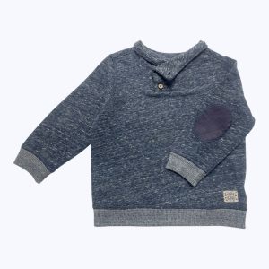 Sweat enfant bleu chiné patte boutonnage encolure renfort coudes. Seconde main.