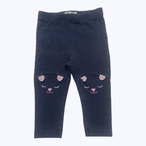 Legging bébé bleu marine dessin tête d'animal rose aux genoux. Seconde main.
