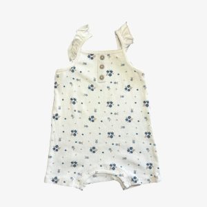 Barboteuse bébé blanche côtelée à petites fleurs bleues avec bretelles volantées. Orchestra, 9 mois d'occasion