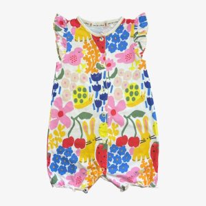 Barboteuse multicolore avec motifs animaux, fleurs et fruits. Next Baby, 6/9 mois d'occasion