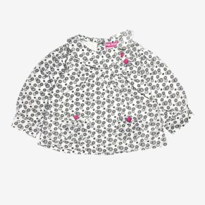 Blouse bébé blanche à motifs noirs avec col volanté et boutons roses. Pik Ouic, 6 mois d'occasion