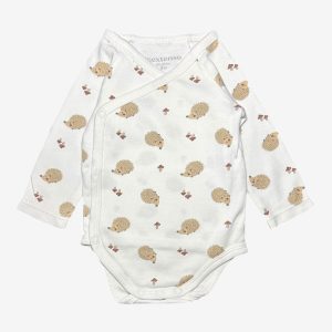 Body bébé blanc croisé manches longues avec motifs hérissons et champignons. In Extenso, 3 mois d'occasion