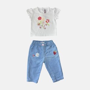 Ensemble t-shirt blanc avec fleurs Clayeux et pantalon DPAM, 6 mois d'occasion
