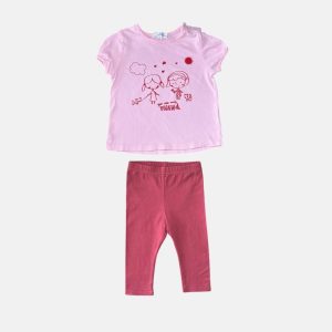 Ensemble t-shirt rose motifs rouge, Kitchoun et legging rouge 6 mois, d'occasion