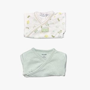 Lot de 2 bodies bébé croisés manches longues blanc à motifs et vert rayé. Kiabi et Disney, 3 mois d'occasion
