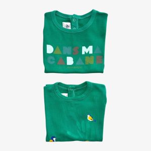 Lot de t-shirts verts avec imprimé texte et motif oiseau. Petit Bateau, 36 mois d'occasion