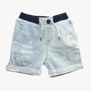 Short enfant en jean bleu clair avec taille élastique et motifs imprimés. IKKS, 3 ans d'occasion