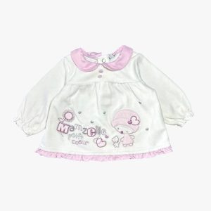 Robe en velours blanc et rose avec col rond et motif brodé, 3 mois d'occasion