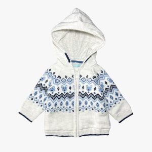 Gilet bébé à capuche blanc avec motifs bleus et fermeture zippée, doublée polaire. Obaïbi, 3 mois d'occasion