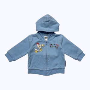 Gilet bébé manches longues capuche bleu clair zip central broderie Donald. Seconde main.