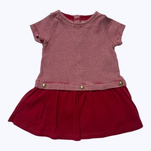 Robe bébé manches courtes haut rayé blanc rouge jupe rouge, patte de boutonnage au dos. Seconde main.