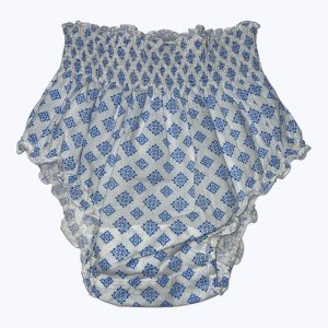 Bloomer bébé blanc motifs géométriques bleu smocks à la taille. Seconde main.