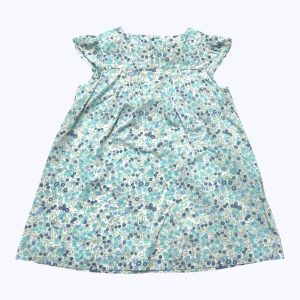 Robe bébé manches courtes blanche motifs petites fleurs, patte de boutonnage au dos. Seconde main.