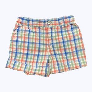 Short bébé à carreaux bleu blanc orange, taille élastique revers au bas. Seconde main.