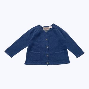 Gilet bébé manches longues bleu, poches plaquées devant. Seconde main.