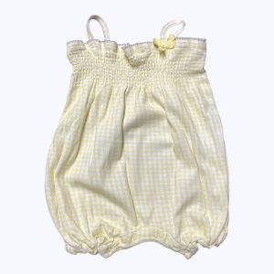 Barboteuse bébé bretelles vichy blanc jaune smocks poitrine. Seconde main.