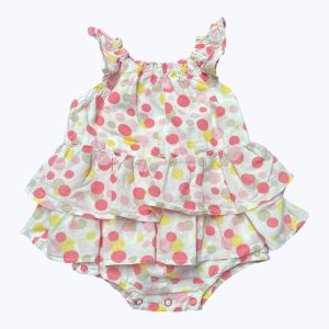 Robe body bébé manches courtes volantées blanche à pois colorés, zip côté. Seconde main.