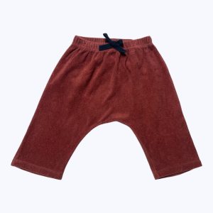 Pantalon bébé éponge terracotta cordon décoratif bleu marine élastique à la taille. Seconde main.