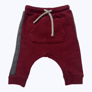 Jogging bébé maille bordeaux bande côte gris foncé, taille élastique et cordon. Seconde main.