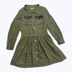 Robe enfant manches longues kaki motifs étoiles noire ouverture centrale devant par pressions. Seconde main.