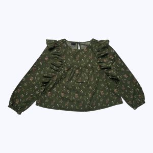 Blouse enfant manches longues kaki motif petites fleurs colorées boutonnage au dos. Seconde main.